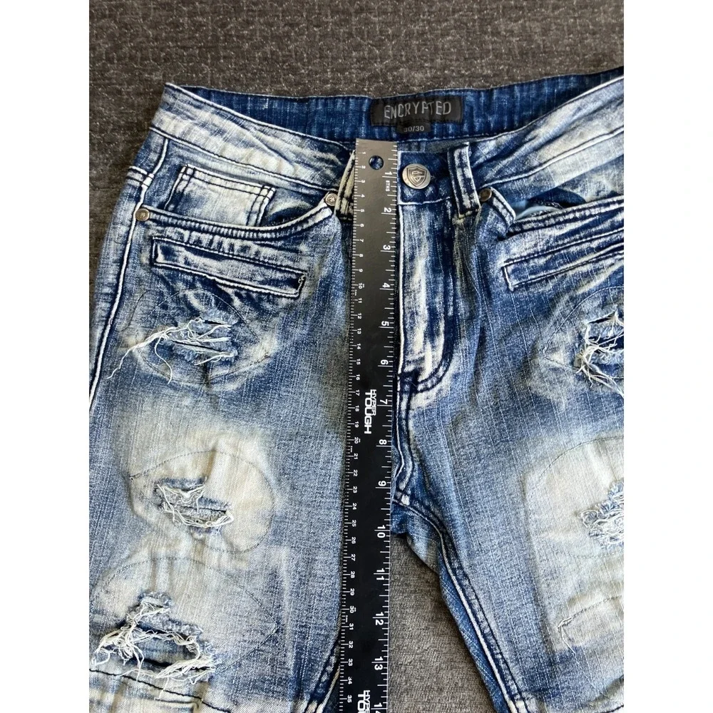 Encrypted Skinny Jeans Men 30x30 Blue Denim Cotton Acid Wash Low Rise Distressed